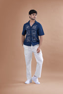 Navy Blue Universe Embroidery Cotton Viscose Flex Shirt
