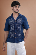 Navy Blue Universe Embroidery Cotton Viscose Flex Shirt