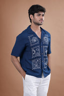 Navy Blue Universe Embroidery Cotton Viscose Flex Shirt