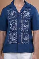Navy Blue Universe Embroidery Cotton Viscose Flex Shirt